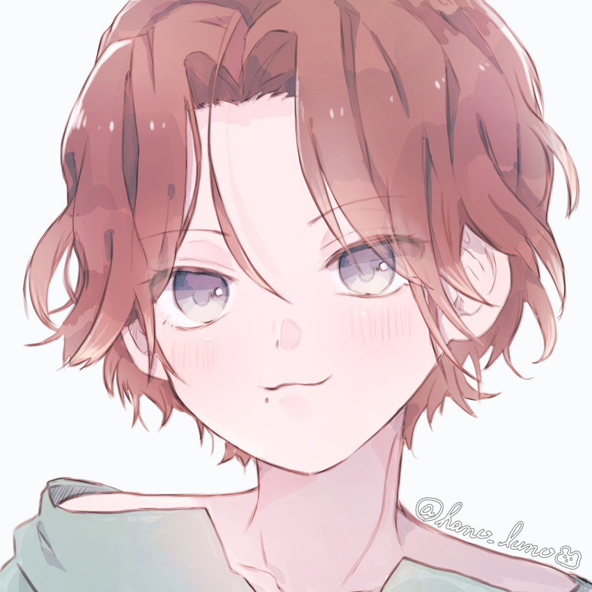 1boy :3 blush character_request check_character diabolik_lovers hano_luno highres male_focus mole mole_under_mouth open_clothes parted_bangs portrait purple_eyes red_hair sakamaki_laito short_hair simple_background smile solo