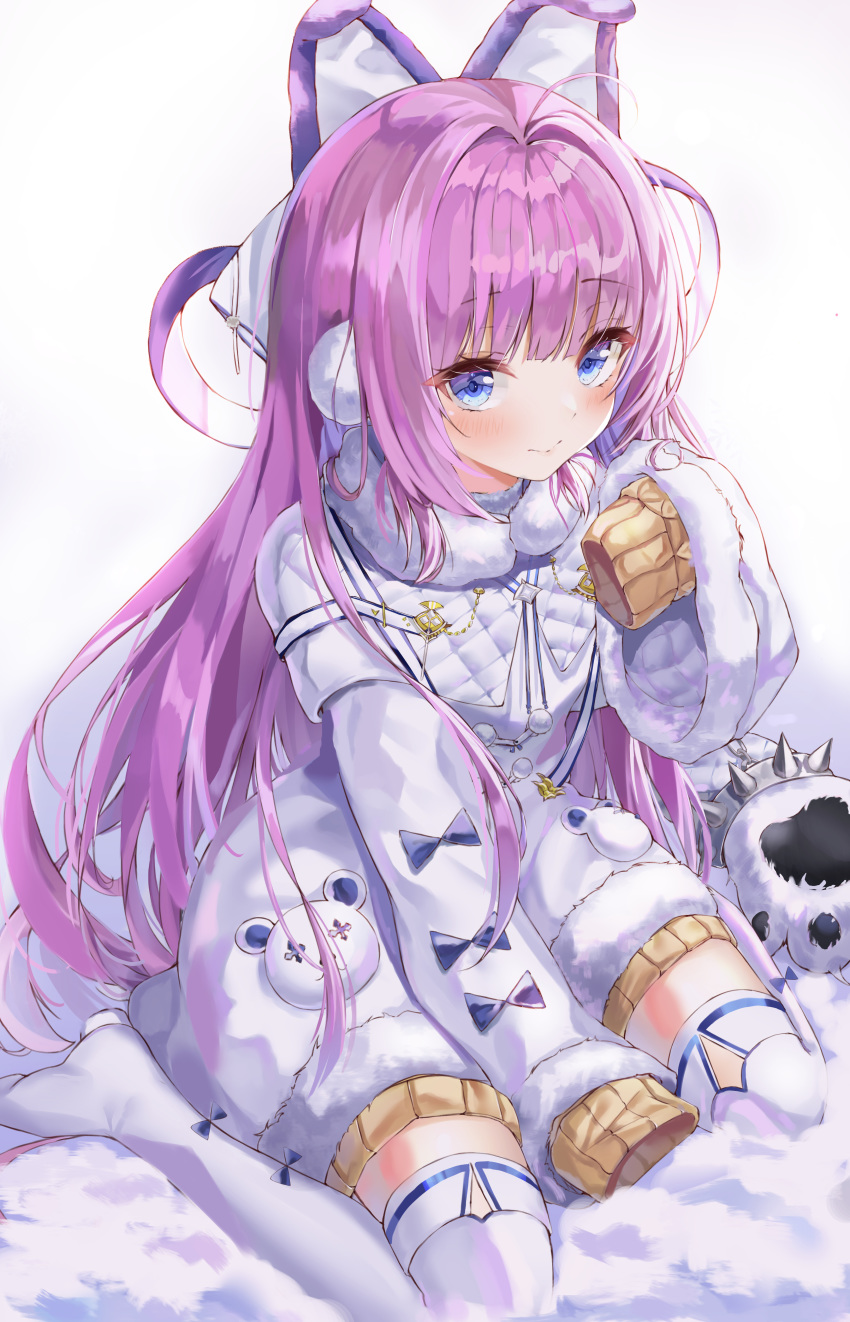 absurdres animal_ears animal_hands azur_lane blue_eyes blush bow brown_sweater coat commentary_request dress earmuffs fake_animal_ears female fur-trimmed_coat fur_trim gloves hair_intakes hair_ornament hair_ribbon hand_up highres long_hair long_sleeves looking_at_viewer lotpi no_shoes paw_gloves pom_pom_(clothes) purple_hair ribbon sidelocks sitting sleeves_past_fingers sleeves_past_wrists smile snow solo spikes sweater sweater_dress tashkent_(azur_lane) thighhighs wariza white_background white_bow white_coat white_thighhighs wide_sleeves winter_clothes winter_coat