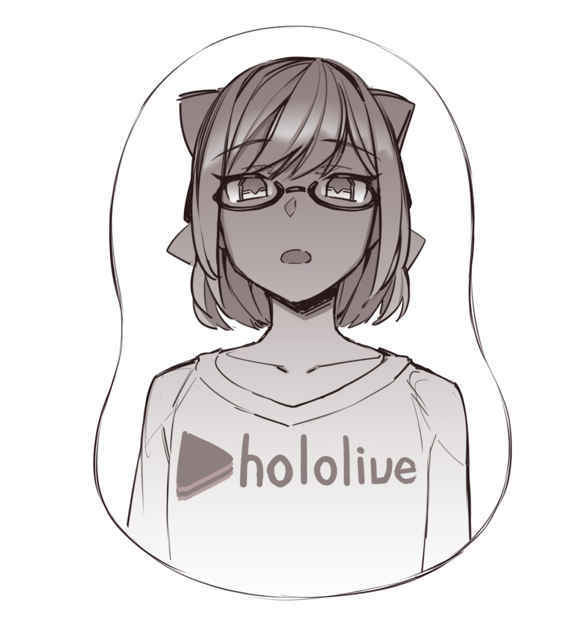 a-chan_(hololive) breast_mousepad collarbone commentary_request copyright_name cropped_torso female flat_chest flat_chest_joke glasses greyscale highres hololive looking_at_viewer monochrome mousepad_(medium) open_mouth short_hair solo straight-on tenbin_gashira upper_body virtual_youtuber white_background