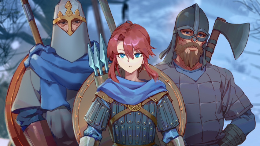 2boys armor axe beard blue_eyes blue_scarf facial_hair female gauntlets gongxiao_zao helmet highres long_hair mount_&_blade multiple_boys open_mouth outdoors polearm red_hair scarf shield spear viking warrior weapon