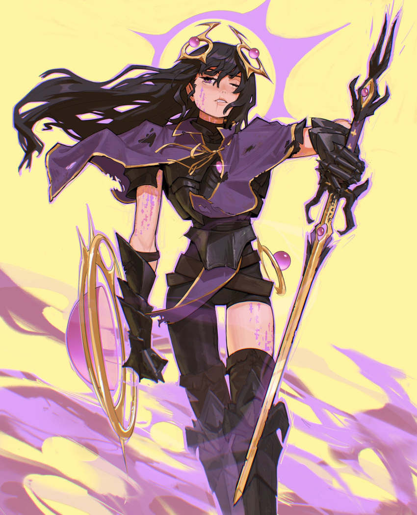 armor armored_boots bad_id bad_twitter_id black_hair bleeding blood boots breastplate brown_thighhighs capelet copyright_request edpan female floating_hair gauntlets hair_between_eyes hair_ornament halo hand_up highres holding holding_shield holding_sword holding_weapon long_hair looking_at_viewer one_eye_closed parted_lips purple_blood purple_capelet shield single_leg_pantyhose solo standing sword thighhighs weapon