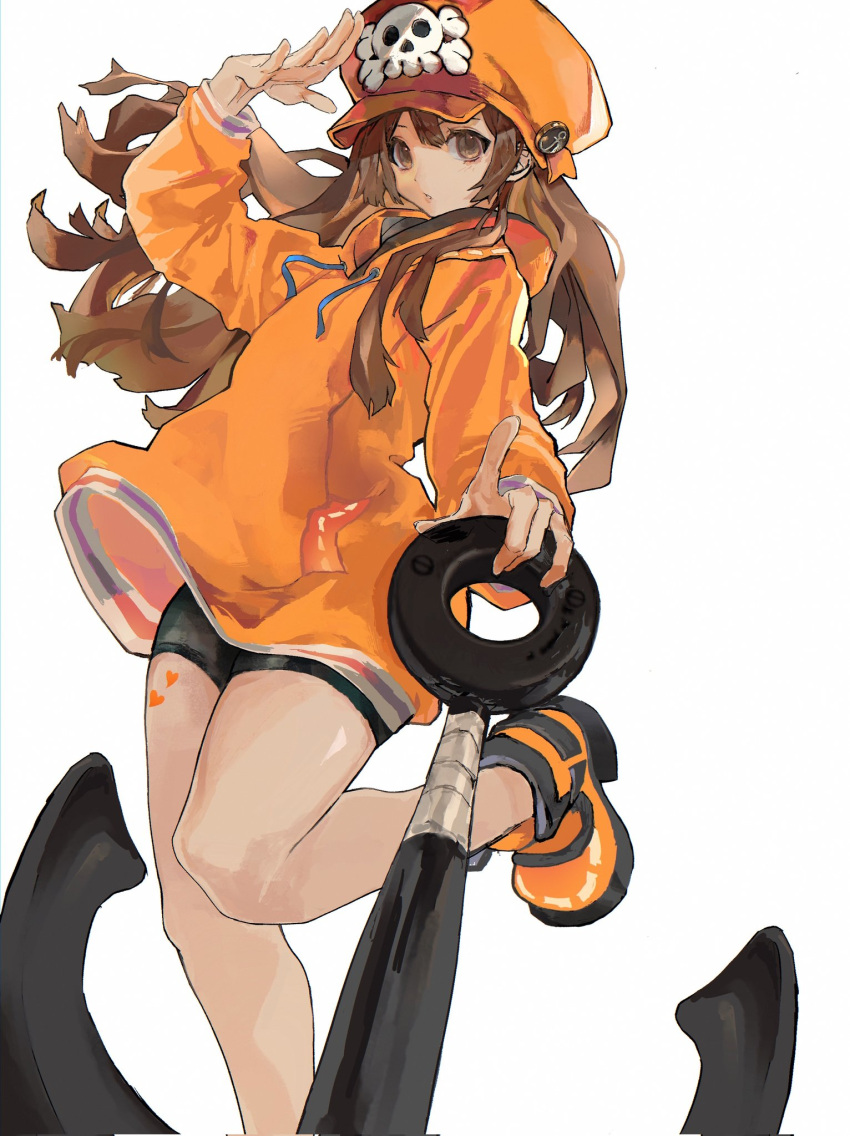 anchor anchor_symbol arm_up bare_legs bike_shorts brown_hair female found_modori guilty_gear guilty_gear_strive hat heart heart_tattoo highres holding jacket leg_up long_hair long_sleeves looking_at_viewer may_(guilty_gear) orange_eyes orange_hat orange_jacket pirate_hat salute simple_background skull_and_crossbones solo tattoo white_background