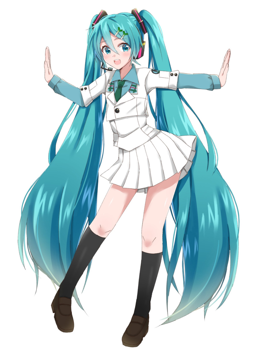 aqua_eyes aqua_hair black_footwear black_socks blue_shirt blue_sleeves commentary female food-themed_hair_ornament full_body green_necktie hair_ornament hatsune_miku headphones headset highres jacket kneehighs light_blush long_hair looking_at_viewer mary_janes miniskirt necktie open_mouth outstretched_arms pleated_skirt project_diva_(series) school_(module) school_uniform shirt shoes skirt smile socks solo spring_onion spring_onion_hair_ornament standing supo01 twintails very_long_hair vocaloid white_background white_jacket white_skirt white_uniform