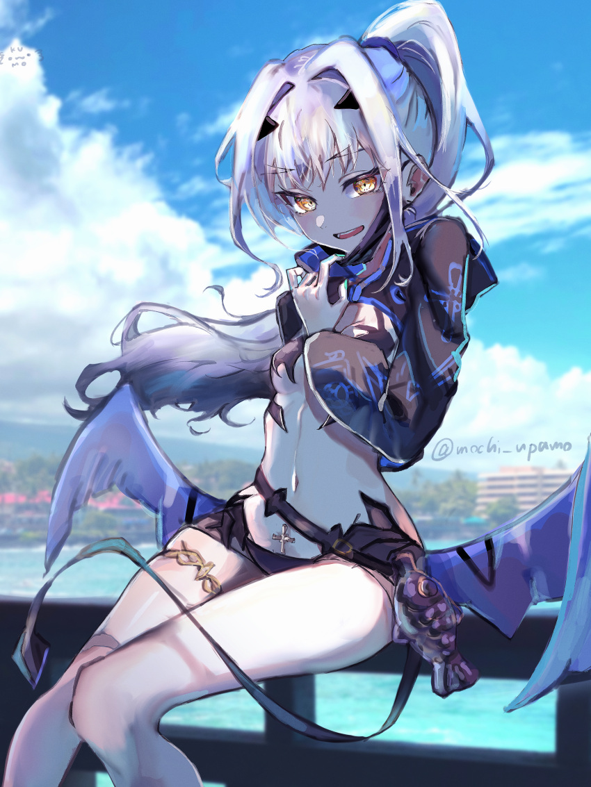 absurdres bikini black_bikini black_jacket blue_sky breasts cropped_jacket dragon_wings fate/grand_order fate_(series) female fish_bottle forked_eyebrows high_ponytail highres jacket long_hair long_sleeves looking_at_viewer mask mask_pull melusine_(fate) melusine_(swimsuit_ruler)_(fate) melusine_(swimsuit_ruler)_(first_ascension)_(fate) mochi_upamo mouth_mask navel open_mouth shrug_(clothing) sidelocks sitting sky small_breasts smile solo stomach_tattoo swimsuit tail tattoo thighlet thighs white_hair wings yellow_eyes