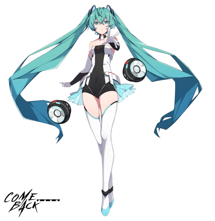 aqua_eyes aqua_hair bare_shoulders collarbone commentary covered_navel elbow_gloves english_text female floating floating_object gloves hatsune_miku highres long_hair oyo_hitsuji parted_lips reaching reaching_towards_viewer see-through simple_background solo thighhighs twintails very_long_hair vocaloid white_background white_gloves white_thighhighs