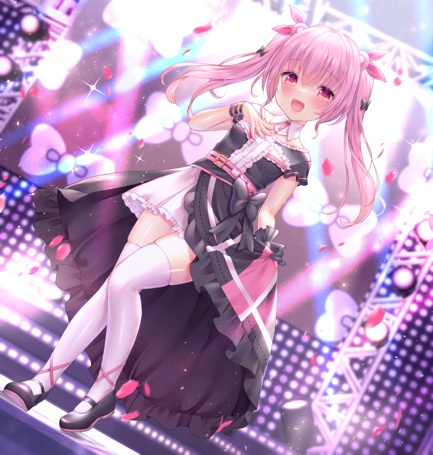 :d black_dress black_footwear blurry blurry_background blush breasts collar commentary_request depth_of_field detached_collar dress dutch_angle fangs female frilled_dress frilled_skirt frills hair_between_eyes hair_ribbon hand_up highres himekuma_ribon long_hair petals pink_hair pink_ribbon pleated_skirt re:act red_eyes ribbon shoes skindentation skirt small_breasts smile solo stage standing standing_on_one_leg thighhighs twintails virtual_youtuber white_collar white_skirt white_thighhighs wing_collar yuyuko_(yuyucocco)