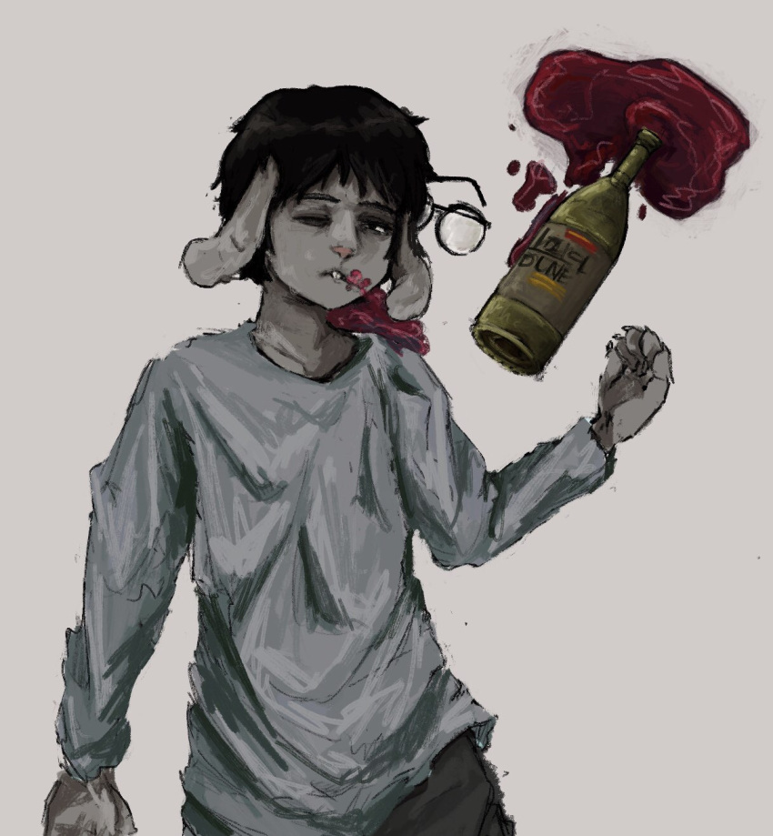 alcohol anon2000000 anthro beverage black_hair bodily_fluids bottomwear broken_glasses closed_eyes clothed clothing container digital_drawing_(artwork) digital_media_(artwork) digital_painting_(artwork) drunk eye_bags eyewear female femcel_bun flat_chested floppy_ears fur glasses glasses_off grey_background grey_body grey_fur hair hi_res lagomorph leporid longsleeve looking_at_viewer lying lying_on_ground mammal on_back on_ground one_eye_closed pants rabbit shirt short_hair simple_background solo spilled_alcohol spilled_drink substance_intoxication teeth teeth_showing topwear unconscious waking_up wine wine_bottle