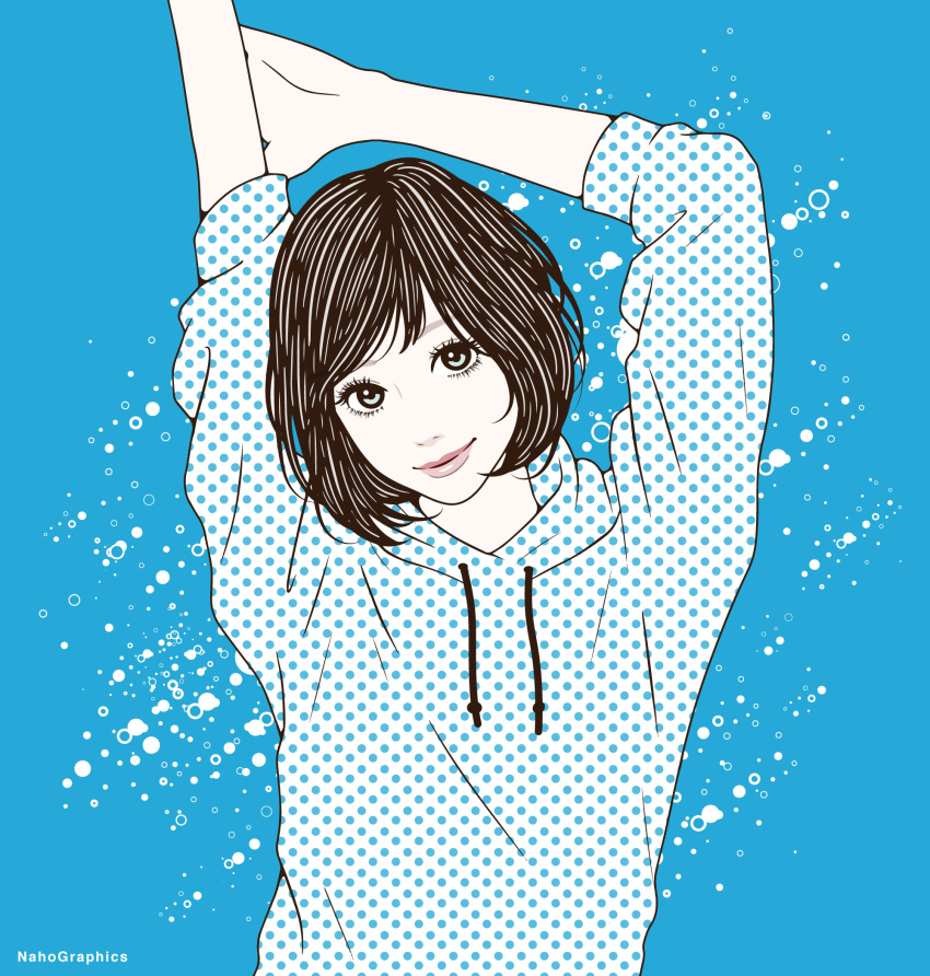 arms_up artist_name black_hair blue_background drawstring female highres hood hoodie looking_at_viewer naho_graphics original polka_dot polka_dot_hoodie short_hair smile solo upper_body