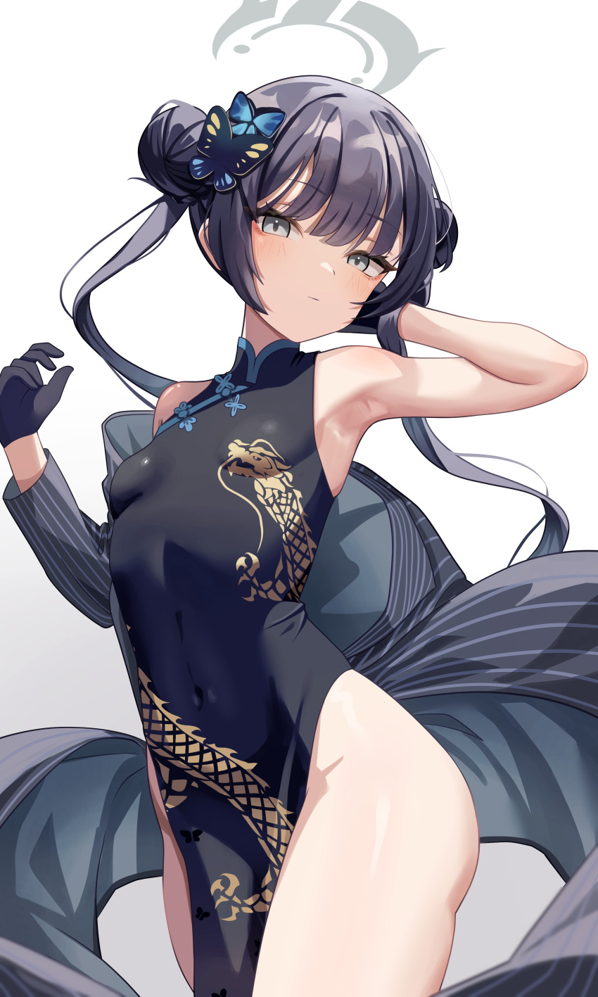 absurdres arm_behind_head armpits ass bare_legs black_coat black_dress black_gloves black_hair blue_archive blunt_bangs breasts butterfly_hair_ornament china_dress chinese_clothes coat commentary double_bun dragon_print dress female gloves grey_eyes groin hair_bun hair_ornament halo head_tilt highres kisaki_(blue_archive) long_hair long_sleeves looking_at_viewer musson no_panties pelvic_curtain print_dress sidelocks simple_background sleeveless sleeveless_dress small_breasts solo twintails white_background