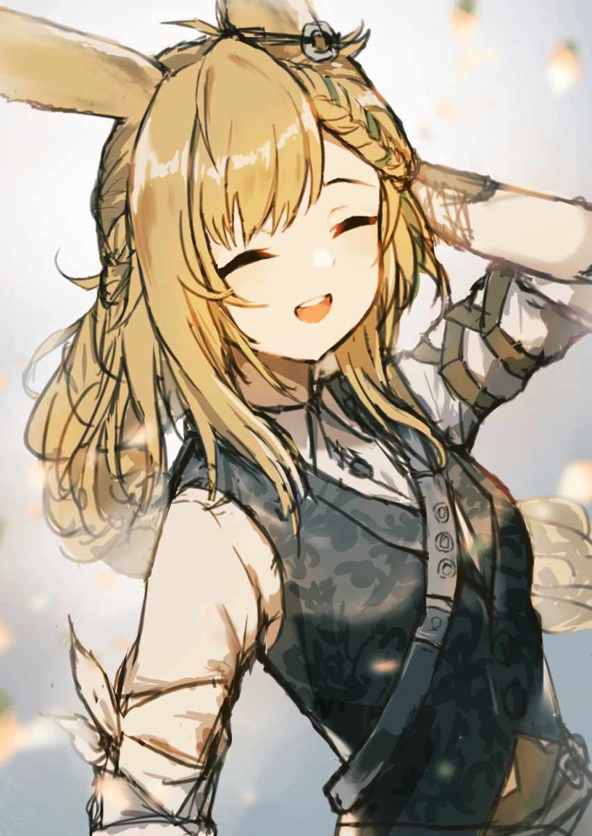 animal_ears arknights black_vest blonde_hair blue_background braid closed_eyes commentary female green_hair hand_on_own_head highres k_futoshi_0n0 kroos_(arknights) kroos_the_keen_glint_(arknights) long_hair multicolored_hair open_mouth rabbit_ears shirt solo streaked_hair teeth upper_body upper_teeth_only vest white_shirt