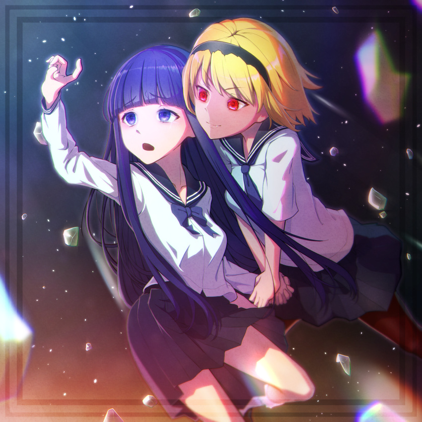 2girls absurdres arm_up black_hairband black_legwear black_sailor_collar black_skirt blonde_hair blue_eyes blunt_bangs closed_mouth collared_shirt fang_out furude_rika hairband highres higurashi_no_naku_koro_ni hime_cut holding_hands houjou_satoko interlocked_fingers kneehighs long_hair medium_hair miniskirt multiple_girls neckerchief oerba_yun_fang open_mouth pantyhose pleated_skirt purple_hair purple_neckerchief red_eyes sailor_collar sailor_shirt school_uniform serafuku shichiroku_(pixiv_25029782) shirt skirt smile socks st._lucia_academy_school_uniform very_long_hair white_legwear white_shirt