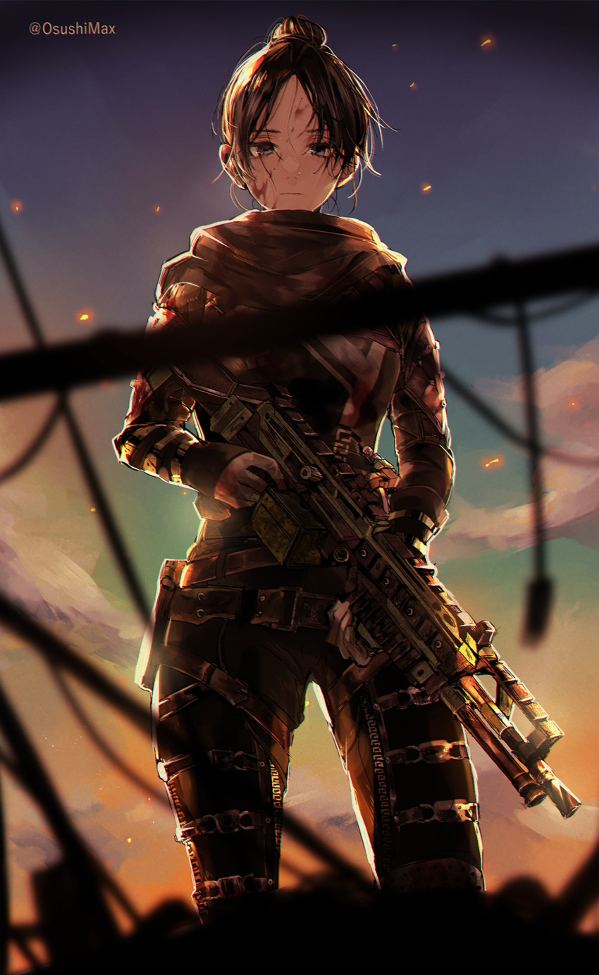 animification apex_legends artist_name black_bodysuit black_hair black_scarf blood blood_on_face blue_eyes bodysuit breasts cloud expressionless female gun hair_bun highres holding holding_gun holding_weapon light_machine_gun looking_at_viewer m600_spitfire medium_breasts osushimax parted_bangs scarf single_hair_bun sky solo weapon wraith_(apex_legends)