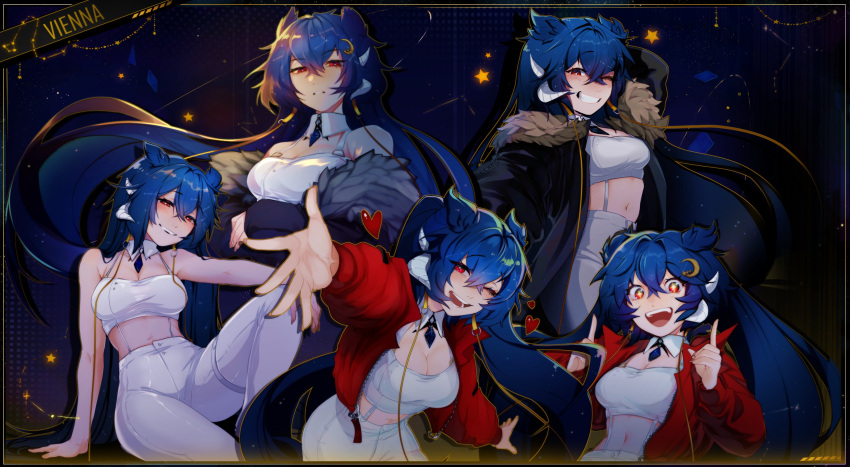 absurdres arm_support bare_shoulders blue_hair breasts character_name cloud9 commentary constellation crescent crescent_hair_ornament draco_(constellation) english_commentary female grin hair_between_eyes hair_ornament heart highres horns jacket long_hair long_sleeves looking_at_viewer medium_breasts multiple_views navel one_eye_closed open_clothes open_jacket open_mouth pants parted_lips red_eyes second-party_source sitting sleeveless smile star_(symbol) teeth tiredcatmom tongue very_long_hair vienna_(vtuber) vienna_(vtuber)_(1st_costume) virtual_youtuber