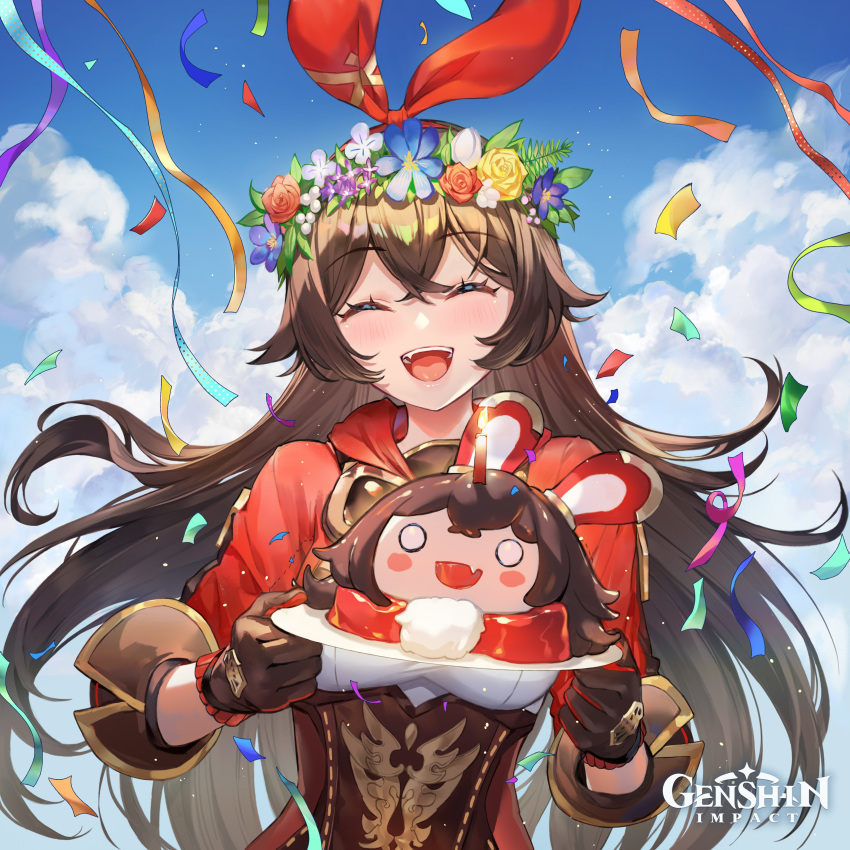 absurdres amber_(genshin_impact) baron_bunny_(genshin_impact) blue_sky brown_gloves brown_hair closed_eyes cloud confetti criin female flower food genshin_impact gloves hair_flower hair_ornament hairband head_wreath highres holding holding_plate long_hair official_art open_mouth plate red_hairband ribbon_hair sky smile solo upper_body upper_teeth