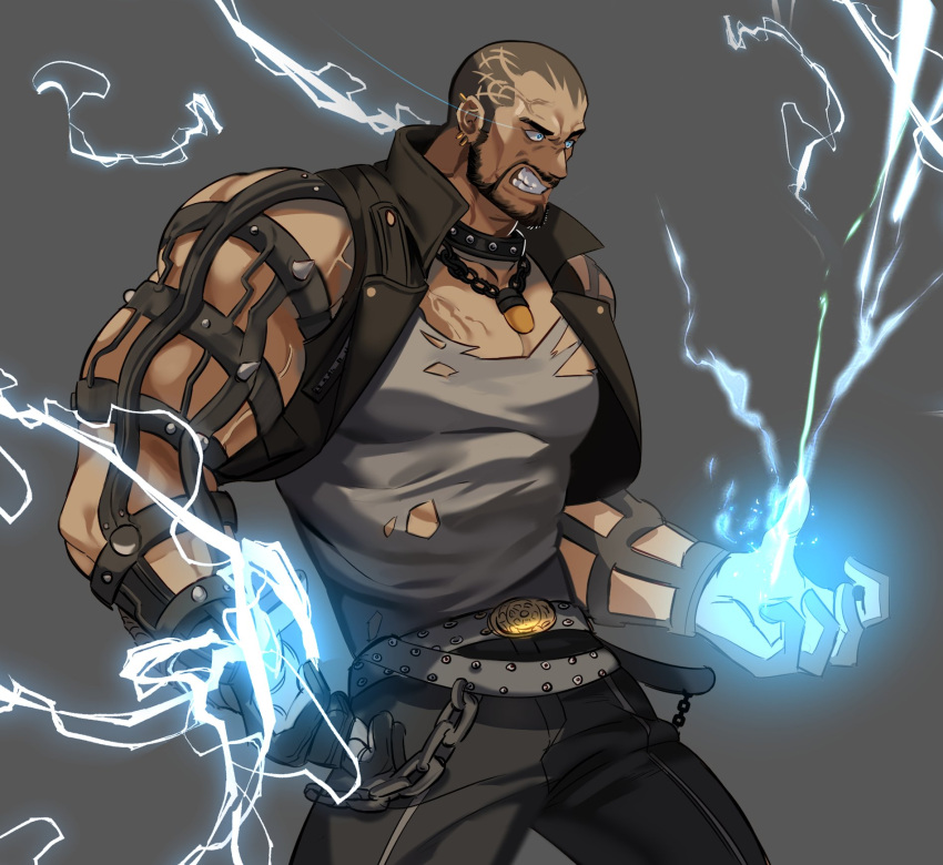 1boy angry bara beard belt biceps blue_eyes brk_603 cyphers ear_piercing earrings electricity facial_hair gauntlets gloves highres jewelry korean_commentary large_pectorals lleyton male_focus mature_male muscular muscular_male pants pectoral_cleavage pectorals piercing sideburns solo tight_clothes torn_clothes veins