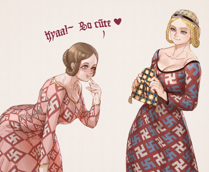 2girls absurdres bent_over blonde_hair blue_eyes blush braid breasts brown_hair cleavage dress freckles german_clothes hat heart highres holding holding_hat holding_unworn_clothes holy_roman_empire large_breasts medieval mole mole_under_eye multiple_girls original spoken_heart swastika wass_nonnam