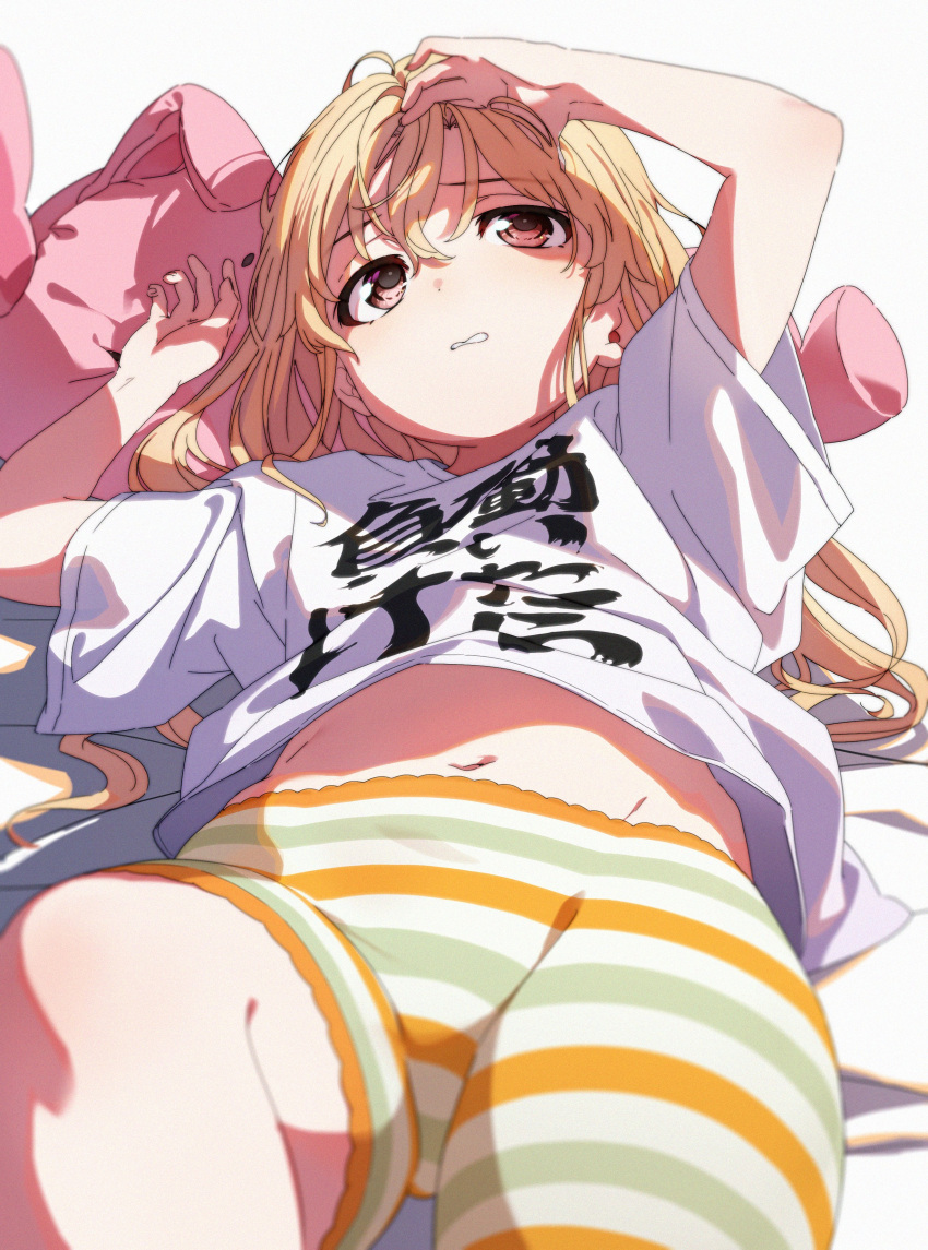 absurdres arms_up blonde_hair clenched_teeth clothes_writing female furrowed_brow futaba_anzu green_shorts groin hand_on_own_head highres idolmaster idolmaster_cinderella_girls kakaobataa long_hair lying midriff multicolored_clothes multicolored_shorts navel on_back orange_shorts red_eyes shirt short_sleeves shorts simple_background solo striped_clothes striped_shorts stuffed_animal stuffed_rabbit stuffed_toy teeth white_background white_shirt white_shorts