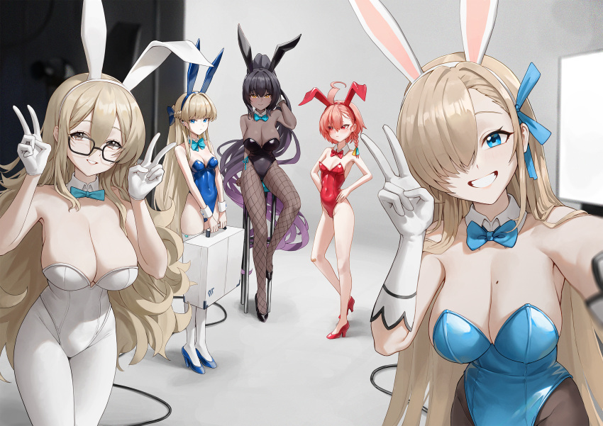 5girls ahoge akane_(blue_archive) akane_(bunny)_(blue_archive) animal_ears asuna_(blue_archive) backdrop black_hair blonde_hair blue_archive blue_eyes braid breasts cable cleaning_&_clearing_(blue_archive) cleavage dark-skinned_female dark_skin glasses gloves hair_over_one_eye highres karin_(blue_archive) large_breasts long_hair looking_at_viewer matmaj mole multiple_girls neru_(blue_archive) photo_shoot playboy_bunny red_eyes studio yellow_eyes