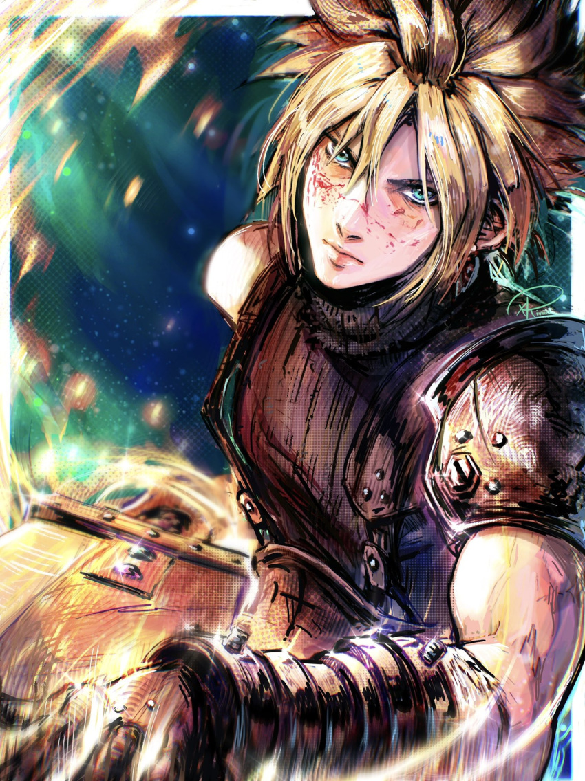 1boy armor blonde_hair blood blood_on_face blue_eyes border bracer buster_sword cloud_strife commentary english_commentary final_fantasy final_fantasy_vii hair_between_eyes halftone highres holding holding_sword holding_weapon kuroiitulip looking_at_viewer male_focus outside_border pauldrons shirt shoulder_armor signature single_bare_shoulder single_bracer single_pauldron sleeveless sleeveless_shirt solo sword turtleneck upper_body weapon white_border