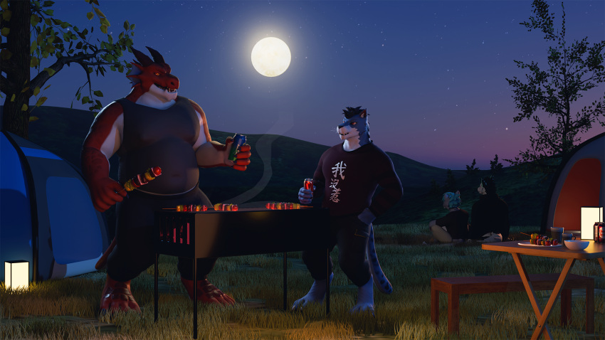 3d_(artwork) afao anthro babawolf barbecue canid canine canis digital_media_(artwork) domestic_cat dragon felid feline felis group hi_res leopard male male/male mammal moon mythological_creature mythological_scalie mythology nifans night pantherine scalie wolf