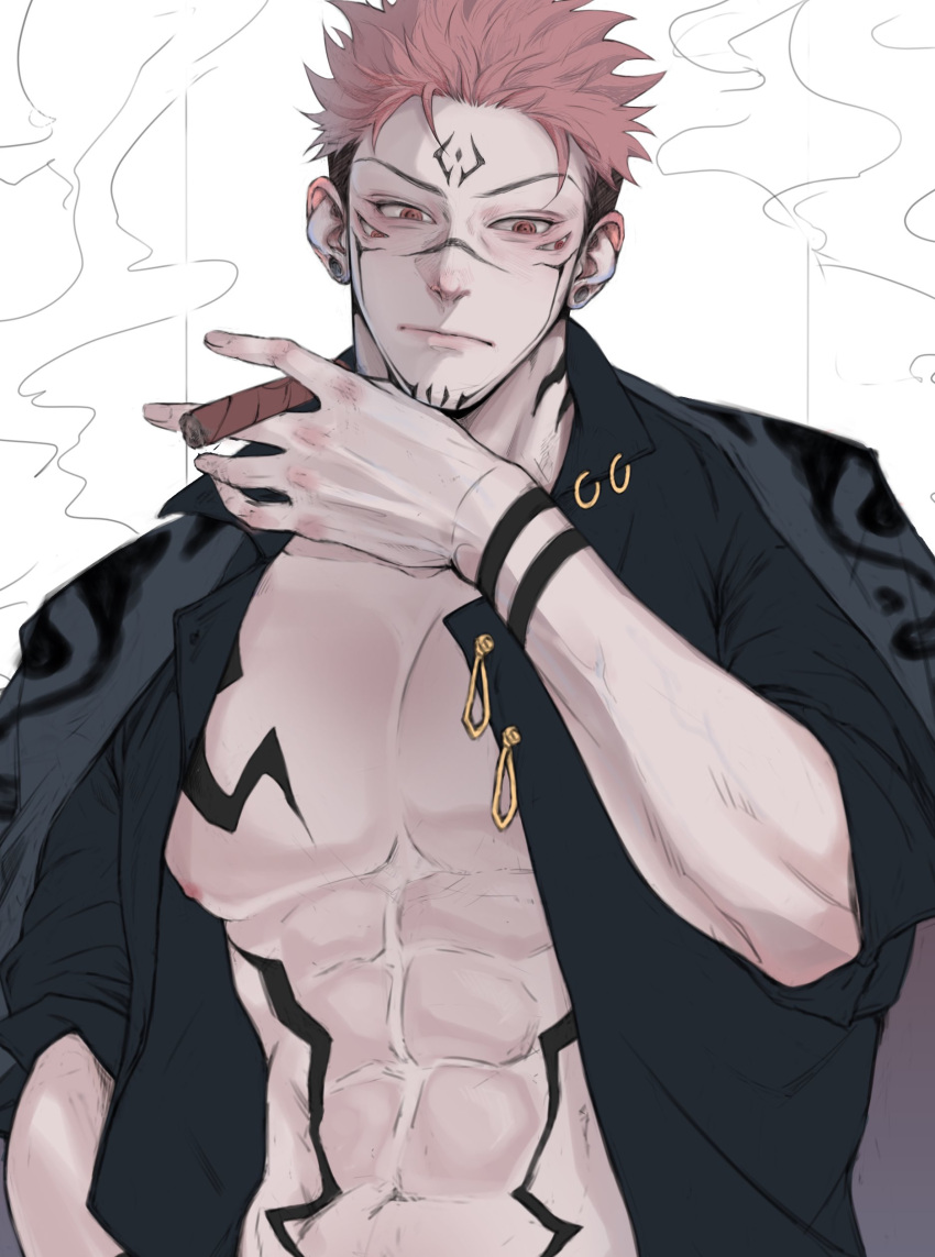 1boy abs absurdres bara bare_pectorals black_shirt chest_tattoo cigar closed_mouth coat coat_on_shoulders collared_shirt extra_eyes facial_tattoo forehead_tattoo highres holding holding_cigar inniming jujutsu_kaisen male_focus muscular muscular_male nipples open_clothes open_shirt pectorals pink_hair red_eyes ryoumen_sukuna_(jujutsu_kaisen) shirt short_hair solo tattoo undercut upper_body v-shaped_eyebrows white_background wrist_tattoo