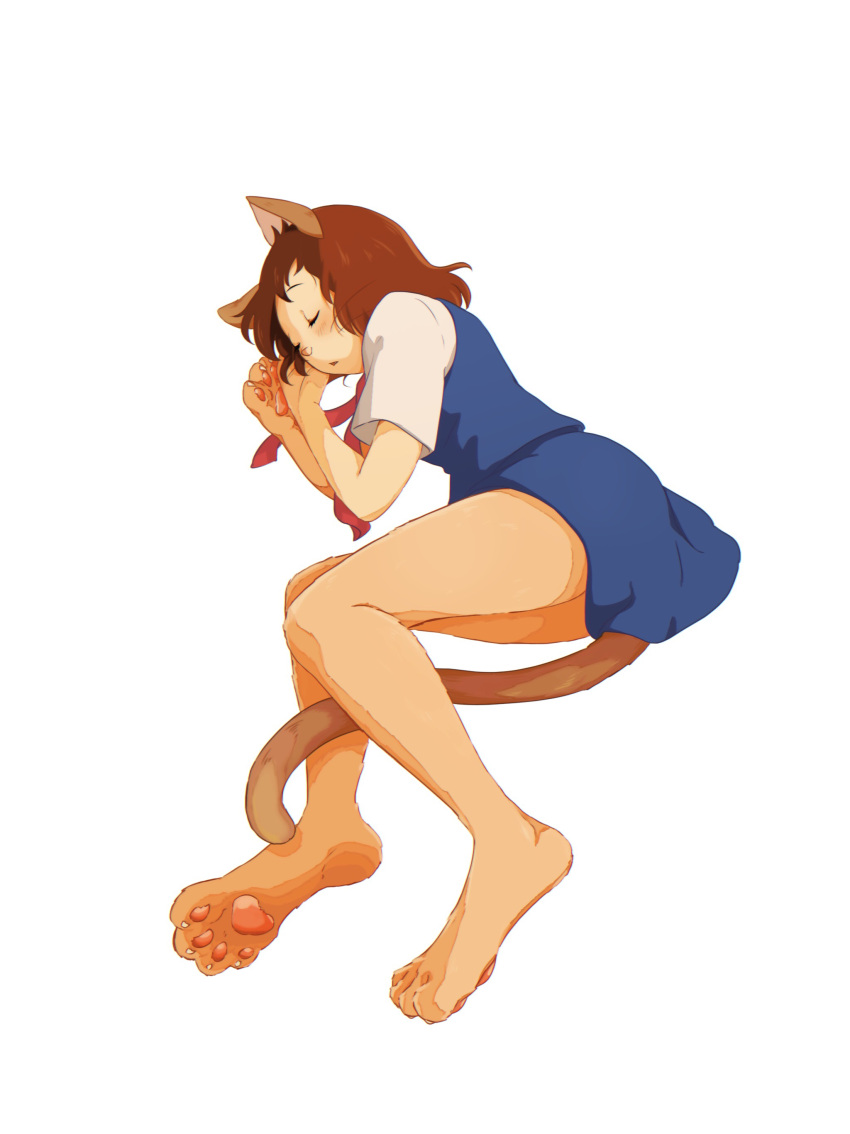 absurdres animal_ears animal_hands barefoot between_legs blue_skirt blue_vest brown_fur brown_hair cat_ears cat_nose cat_tail cochimu00 commentary_request female furry furry_female highres medium_hair neko_no_ongaeshi pawpads red_ribbon ribbon school_uniform skirt sleeping solo tail tail_between_legs thighs vest white_background yoshioka_haru