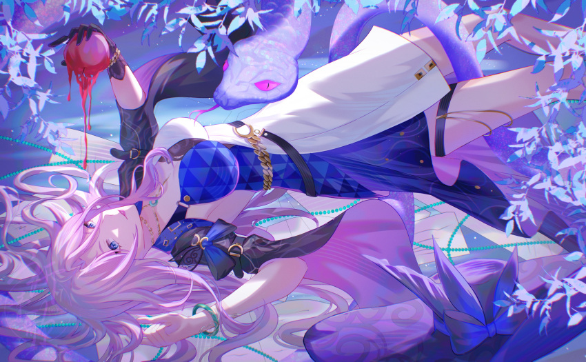 absurdres apple aqinorz black_gloves blood blue_dress blue_eyes bracelet breasts dress female food fruit gloves highres holding holding_food holding_fruit honkai:_star_rail honkai_(series) jade_(honkai:_star_rail) jewelry large_breasts long_hair looking_at_viewer lying on_back papers pink_hair single_glove snake thighs two-tone_dress white_dress