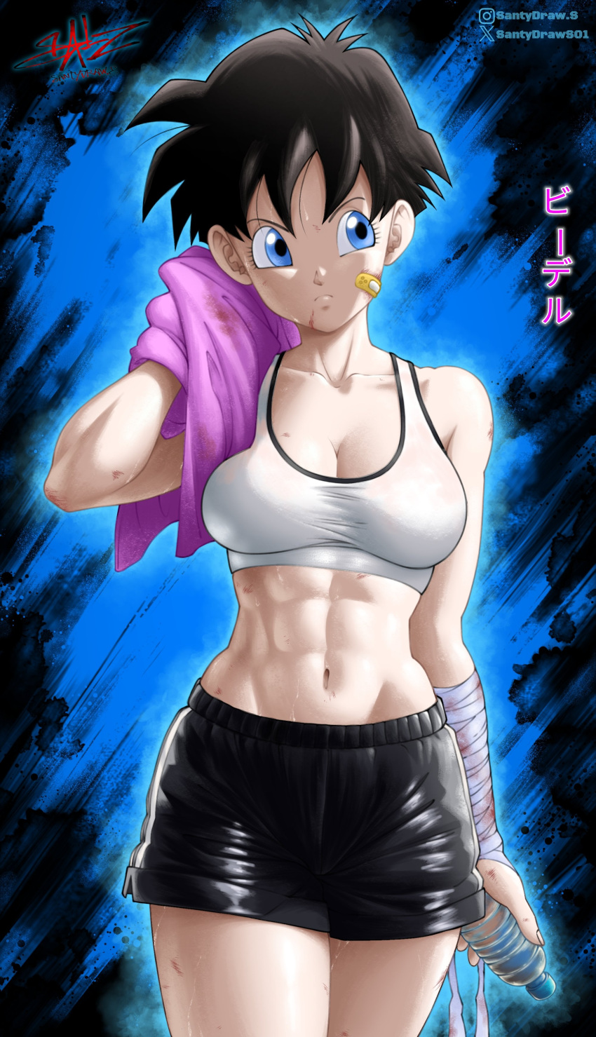 abs absurdres arm_wrap artist_name bandaid black_hair black_shorts blue_eyes bottle breasts closed_mouth collarbone dragon_ball dragon_ball_z female highres holding holding_towel medium_breasts midriff muscular muscular_female navel obliques santydraws01 short_hair shorts solo sports_bra sportswear sweat sweaty_clothes towel videl water_bottle wiping wiping_sweat