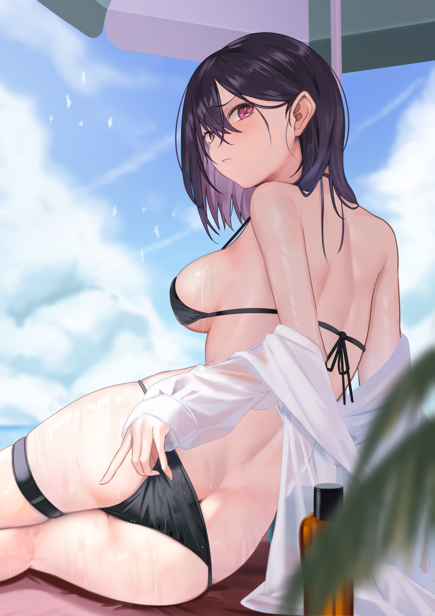 adjusting_clothes adjusting_swimsuit arenoyoni arm_support ass beach_umbrella bikini black_bikini black_hair blue_sky blurry blush breasts butt_crack cloud colored_inner_hair commentary_request cumulonimbus_cloud day depth_of_field double-parted_bangs female hair_between_eyes halterneck highres large_breasts long_sleeves looking_at_viewer looking_back median_furrow multicolored_hair ocean original outdoors palm_leaf pink_eyes pout purple_hair see-through_clothes see-through_shirt shirt shirt_partially_removed short_hair shoulder_blades sideboob sitting sky sleeves_past_wrists solo string_bikini swimsuit thigh_strap umbrella wet white_shirt yokozuwari