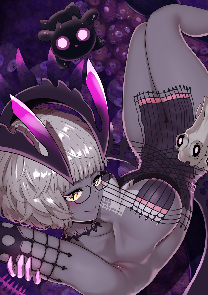 absurdres armpits baphomet_(fate) bare_shoulders black_dress blush breasts choker cleavage collarbone colored_skin detached_sleeves dress fate/grand_order fate_(series) female glasses grey_hair grey_skin harurukan highres horns jacques_de_molay_(foreigner)_(fate) jacques_de_molay_(foreigner)_(third_ascension)_(fate) lamb large_breasts looking_at_viewer sheep short_dress short_hair skull smile solo tentacle thighs yellow_eyes