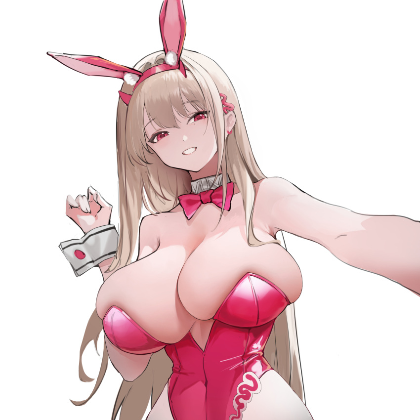 absurdres animal_ear_fluff animal_ears bare_shoulders breasts character_request cleavage copyright_request detached_collar fake_animal_ears female genera-x highleg highleg_leotard highres huge_breasts leotard long_hair pantyhose pink_eyes pink_leotard playboy_bunny rabbit_ears simple_background skindentation solo undersized_breast_cup upper_body very_long_hair white_background white_pantyhose white_wrist_cuffs wrist_cuffs