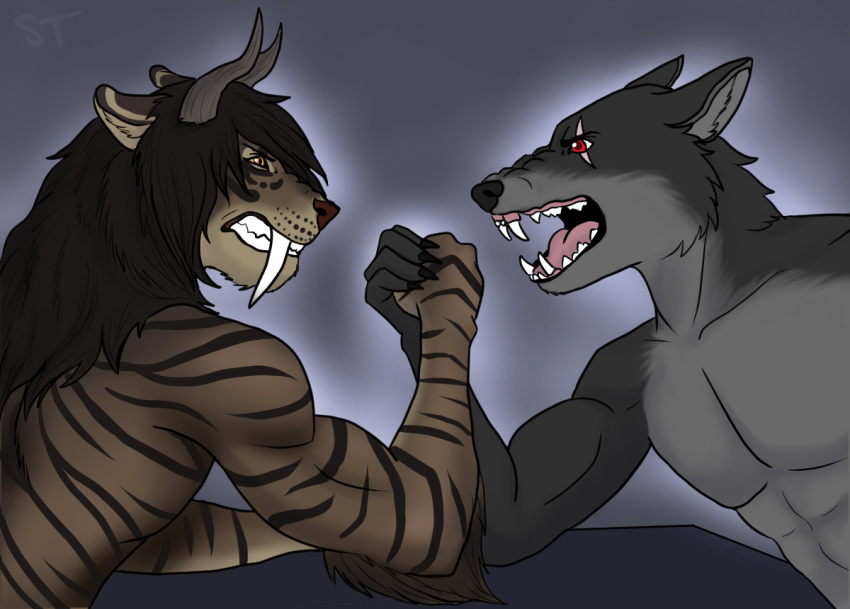 anthro arm_wrestling big_fangs brown_body brown_fur brown_hair canid canine canis do'athra_rahkkar duo eye_contact fangs felid fur glistening glistening_eyes grey_body grey_fur grey_horn hair horn huge_fangs kell_(kell34) looking_at_another male mammal muscular muscular_anthro muscular_male narrowed_eyes open_mouth orange_eyes orange_sclera pink_tongue red_eyes side_view simple_background striped_arms striped_back teeth tiggybloom tongue wolf