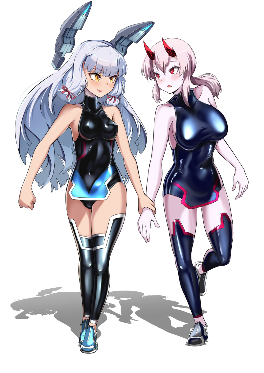 2girls abyssal_ship blunt_bangs blush bodysuit breasts colored_skin commission grey_hair hair_ribbon headgear highres horns infinite_stratos kantai_collection kantai_collection_(anime) large_breasts long_hair low_ponytail lycoris_fubuki medium_breasts multiple_girls murakumo_(kancolle) open_mouth orange_eyes pale_skin pilot_suit ponytail red_eyes ribbon short_eyebrows short_hair short_ponytail sidelocks simple_background skeb_commission skin_tight sleeveless solo timosan tress_ribbon white_hair white_skin