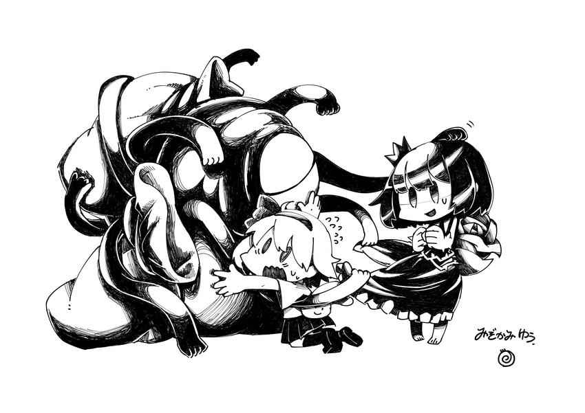 2girls absurdres artist_request bag barefoot commentary_request company_connection dress flower frills greyscale hair_ribbon highres monochrome multiple_girls official_art protagonist_(yomawari) ribbon rose rose_(rose_to_tasogare_no_kojou) rose_to_tasogare_no_kojou tentacle white_background yomawari yomawari-san yomawari_(series)