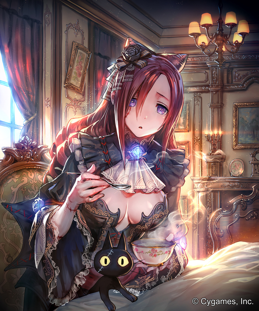 absurdres black_dress black_flower black_rose breasts brown_hair candelabra candle candlestand ceres_(shingeki_no_bahamut) chair chandelier colored_sclera commentary_request company_name curtains drawing_(object) dress duplicate feline female flower hair_flower hair_ornament highres holding holding_spoon indoors large_breasts long_hair official_art okada_manabi photoshop_(medium) pixel-perfect_duplicate purple_eyes rose scar scar_on_face shingeki_no_bahamut sitting spoon watermark wide_sleeves window yellow_sclera |_|