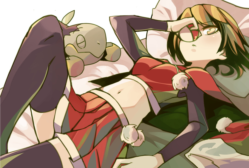 ball black_thighhighs brown_eyes brown_hair cape commentary_request covering_one_eye crop_top cropped_shirt female gardenia_(pokemon) hat holding holding_ball holding_poke_ball looking_at_viewer lying midriff navel pillow pleated_skirt poke_ball poke_ball_(basic) pokemon pokemon_(creature) pokemon_dppt santa_hat short_hair skirt solo_focus thighhighs total9 turtwig unworn_hat unworn_headwear