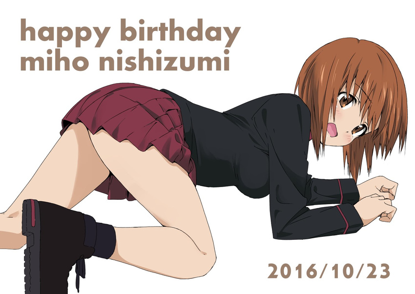 all_fours ankle_boots ass bad_id bad_twitter_id black_footwear black_jacket black_socks blush boots brown_eyes brown_hair character_name commentary_request dated embarrassed female from_side girls_und_panzer happy_birthday jacket kuromorimine_military_uniform legs long_sleeves looking_at_viewer military military_uniform miniskirt nishizumi_miho open_mouth pleated_skirt red_skirt short_hair shounan_ruizu simple_background skirt socks solo uniform wavy_mouth white_background