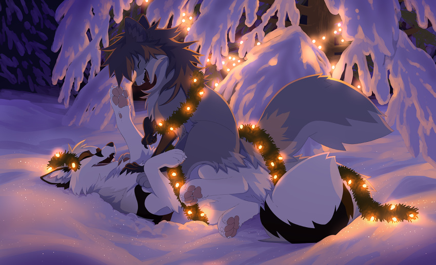 2018 4_toes akitamonster ambiguous_gender black_nose canid canine closed_eyes digital_media_(artwork) duo enfield feet feral forest fox fur grey_body grey_fur hioshiru_(character) kej_(kejifox) lying mammal on_back open_mouth pawpads paws plant sitting smile snow teeth toes tree white_body white_fur