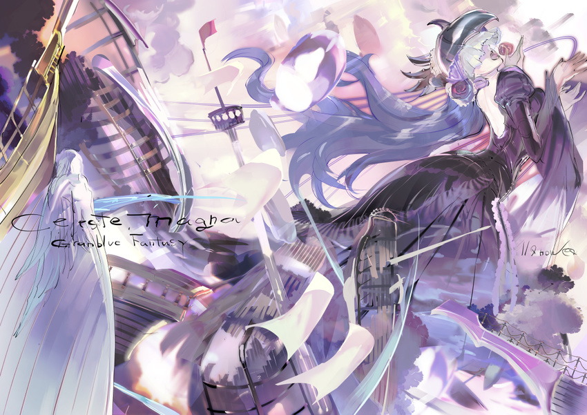 119 aircraft airship bare_back celeste_(granblue_fantasy) character_name cloud colored_skin commentary_request copyright_name dress female ghost granblue_fantasy long_hair long_sleeves puffy_long_sleeves puffy_sleeves purple_dress purple_hair solo veil white_skin wide_sleeves