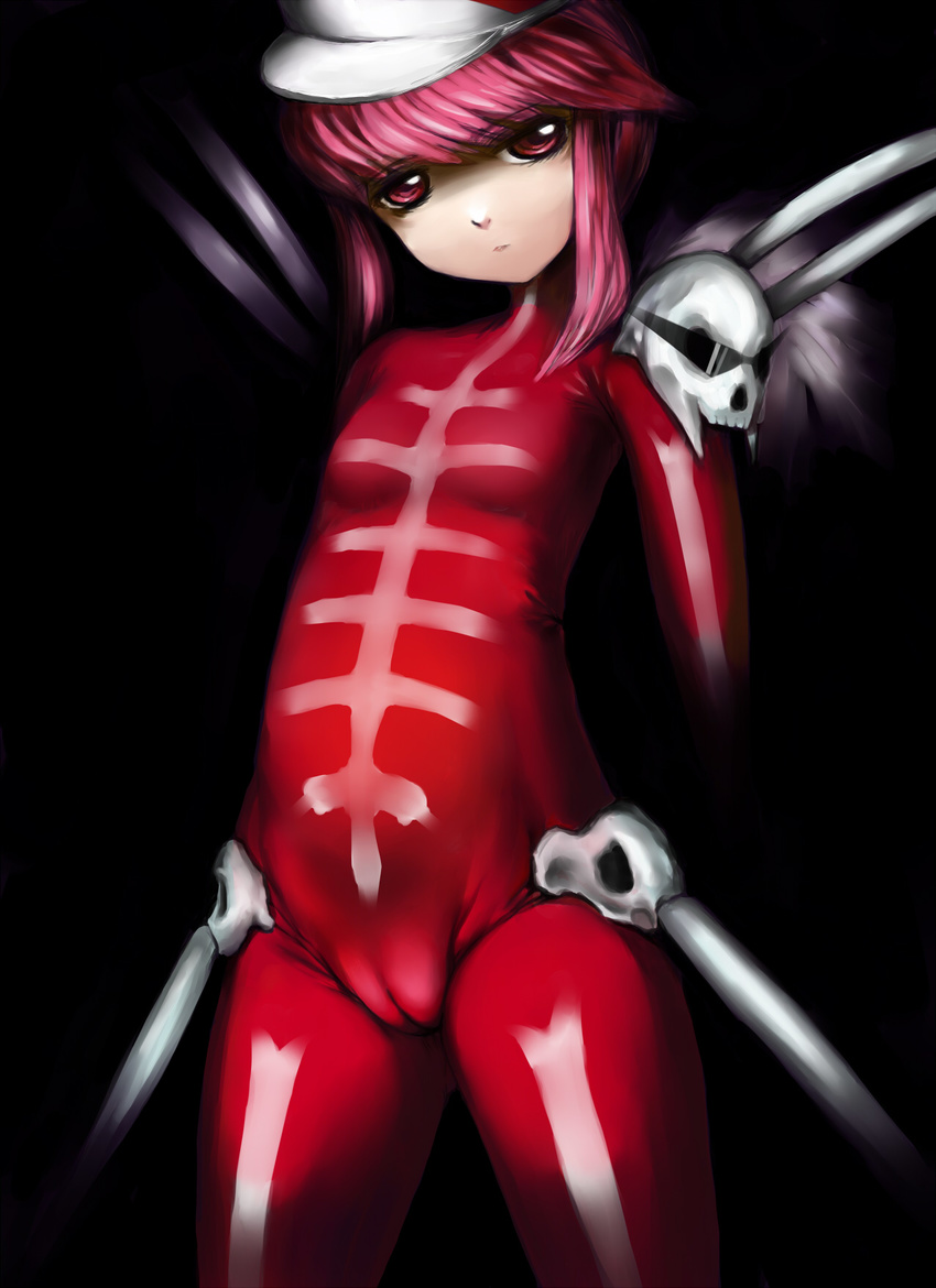 aabitan bad_id bad_pixiv_id bodysuit bone cameltoe female hat highres jakuzure_nonon jakuzure_nonon_(symphony_regalia) kamina_shades kill_la_kill looking_at_viewer pink_hair red_bodysuit red_eyes shako_cap shoulder_pads sidelocks skull solo triangular_eyewear