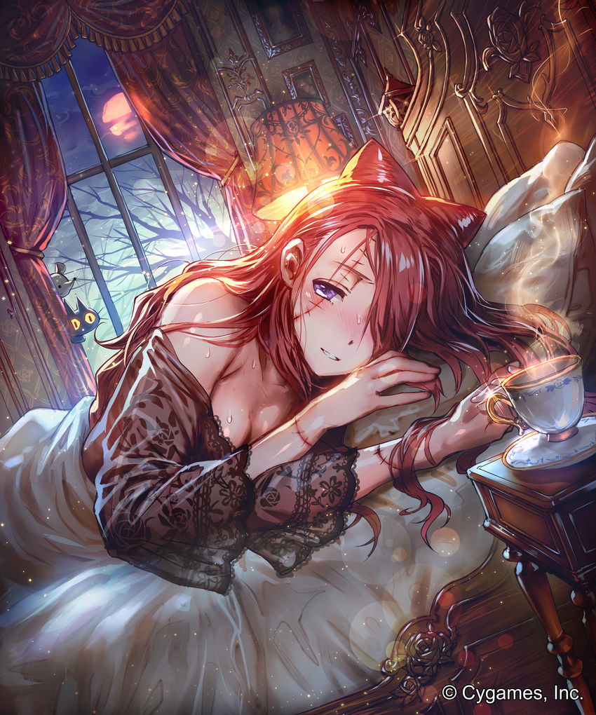 absurdres bare_shoulders bare_tree bed blush breasts brown_hair ceres_(shingeki_no_bahamut) cleavage colored_sclera commentary_request company_name cup curtains duplicate dutch_angle female full_moon hair_over_one_eye highres indoors lamp long_hair looking_at_viewer lying medium_breasts moon mouse_(animal) night nose_blush official_art okada_manabi on_side parted_lips photoshop_(medium) pillow pixel-perfect_duplicate purple_eyes saucer shingeki_no_bahamut sick sparkle steam sweat table teacup tree watermark yellow_sclera |_|