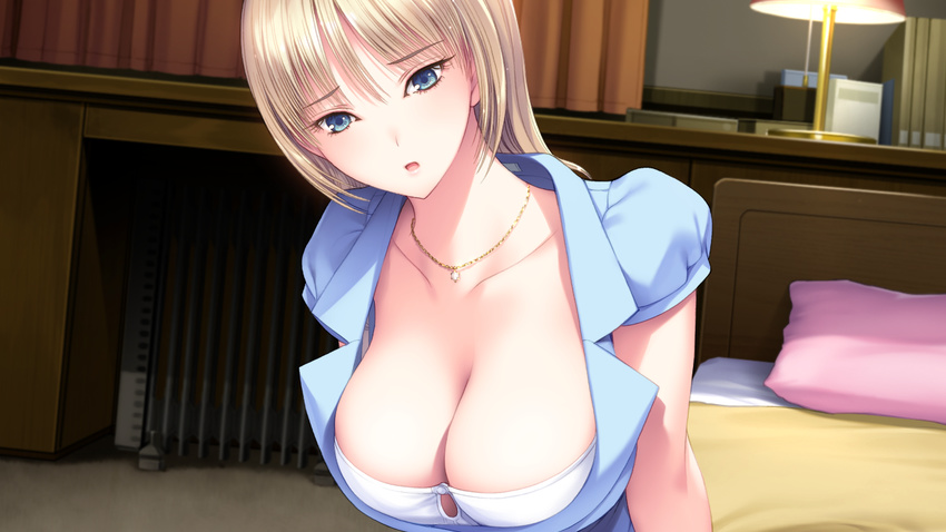 bedroom blonde_hair blue_eyes bra breasts cleavage female game_cg ichikawa_saasha indoors jewelry jounoin_kaho large_breasts necklace neyuki_no_gen'ei open_clothes open_mouth open_shirt shirt solo underwear