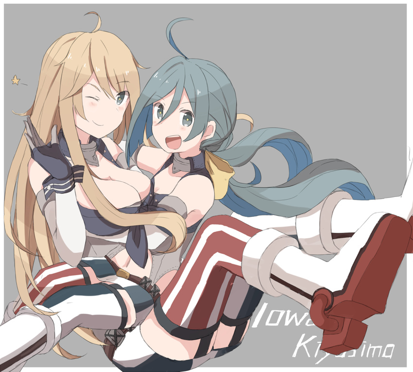 2girls ahoge asymmetrical_legwear bare_shoulders blonde_hair blue_hair blush_stickers boots breasts cosplay elbow_gloves garter_straps gloves grey_background grey_eyes grey_hair hair_between_eyes hand_up hug iowa_(kancolle) iowa_(kancolle)_(cosplay) kantai_collection kiyoshimo_(kancolle) large_breasts long_hair looking_at_viewer low_twintails miniskirt mismatched_legwear multicolored_hair multiple_girls navel one_eye_closed open_mouth riz_(ravel_dc) sitting sitting_on_lap sitting_on_person skirt smile star-shaped_pupils star_(symbol) symbol-shaped_pupils thighhighs twintails zettai_ryouiki