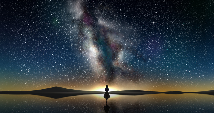 bad_id bad_pixiv_id diffraction_spikes female from_behind highres milky_way nebula night night_sky outdoors reflection reflective_water rko_(a470350510) salar_de_uyuni scenery shooting_star silhouette sky solo standing standing_on_liquid star_(sky) starry_sky violet_evergarden violet_evergarden_(series)