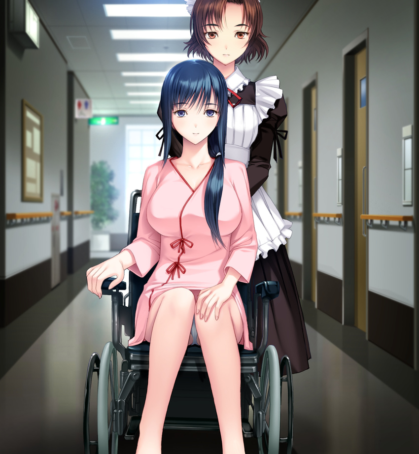 2girls blue_eyes blue_hair breasts brown_eyes brown_hair door fujiki_kikyou game_cg highres hospital ichikawa_saasha large_breasts legs long_hair long_image looking_at_viewer maid maid_headdress multiple_girls neyuki_no_genei:_shirohanasou_no_hitobito panties pantyshot ponytail serious short_hair sitting smile standing thighs underwear wheelchair white_panties