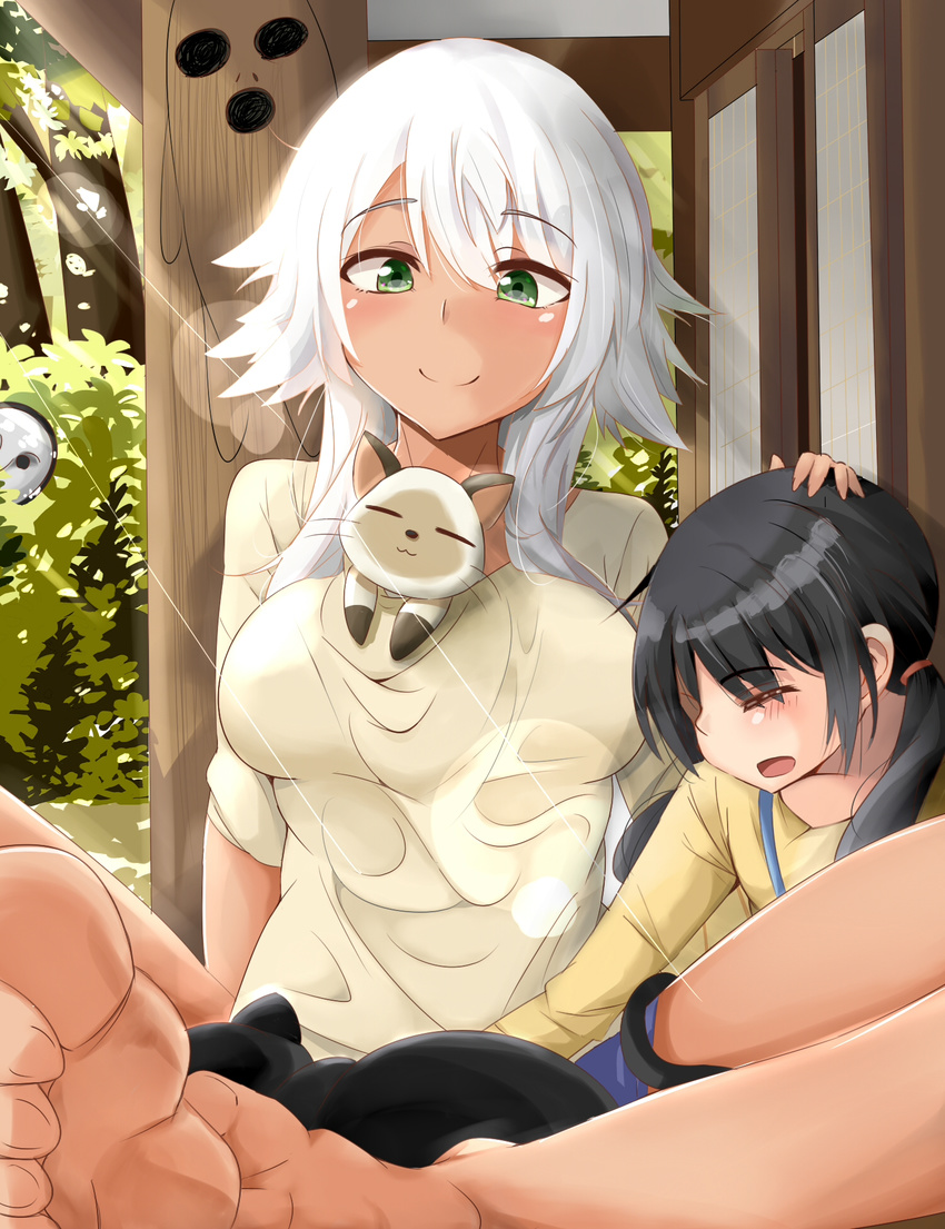 1boy 2girls ^_^ animal animal_in_clothes bad_id bad_pixiv_id barefoot black_hair blush chito_(flying_witch) closed_eyes commentary_request cousins dark_skin feline flying_witch green_eyes hair_over_shoulder hand_on_another's_head hiding highres karatakewari kenny_(flying_witch) kowata_akane kuramoto_chinatsu long_hair mandragora mandrake mask multiple_girls ponytail smile when_you_see_it white_hair