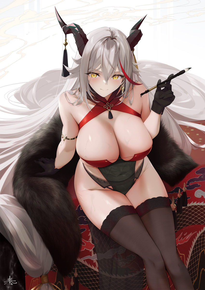 aegir_(azur_lane) aegir_(golden_dragon_among_auspicious_clouds)_(azur_lane) azur_lane black_gloves black_horns black_thighhighs breasts calligraphy_brush chinese_clothes commentary_request covered_navel criss-cross_halter demon_horns feather_boa female framed_breasts from_above gloves green_eyes grey_hair halterneck hand_up highres holding holding_brush holding_paintbrush horn_ornament horns large_breasts long_hair multicolored_hair nagi-kaze official_alternate_costume paintbrush red_hair revealing_clothes sideless_outfit sitting streaked_hair thighhighs