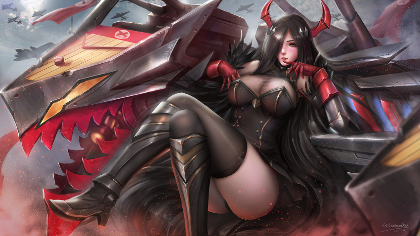 aircraft airplane azur_lane bare_shoulders black_hair black_thighhighs blush bomber breasts brown_eyes cleavage dress female friedrich_der_grosse_(azur_lane) gloves grey_sky hair_over_one_eye horn_ornament horns large_breasts long_hair looking_at_viewer mechanical_horns military military_vehicle monster photoshop_(medium) red_gloves red_horns sky smile solo thighhighs turewindwalker turret very_long_hair