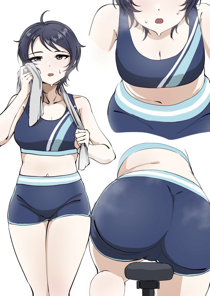 absurdres ass bare_shoulders black_eyes blue_hair blue_shorts blue_sports_bra blush breasts cleavage collarbone crop_top exhausted female grey_towel hand_up highres holding holding_towel idolmaster idolmaster_cinderella_girls idolmaster_cinderella_girls_starlight_stage looking_at_viewer midriff multiple_views navel open_mouth saddle short_hair shorts simple_background sports_bra steam sweat towel ushimochi wakui_rumi white_background