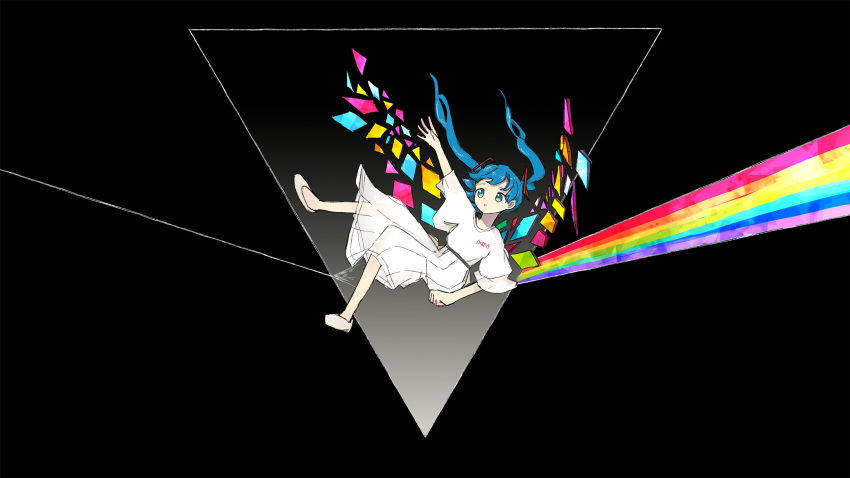 alternate_costume blue_eyes blue_hair dark_side_of_the_moon dress female floating_hair hatsune_miku highres long_hair neruzou pink_floyd prism rainbow solo twintails vocaloid white_dress white_footwear wide_shot